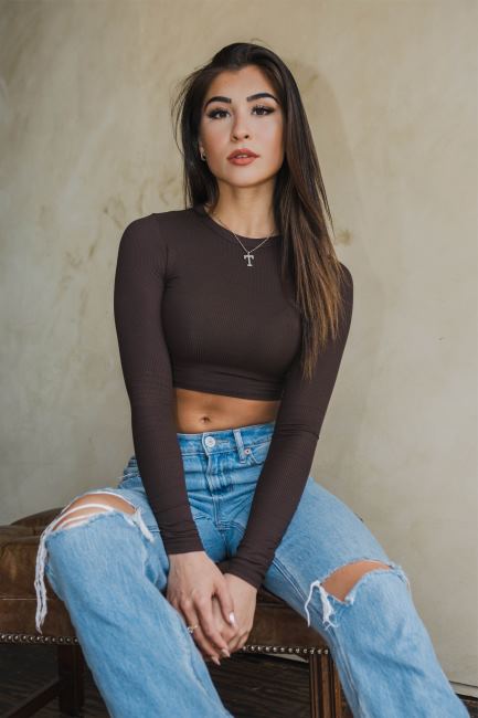 YoungLA kvinner w402 ribbet langermet klær H4N2T1064 lett taupe