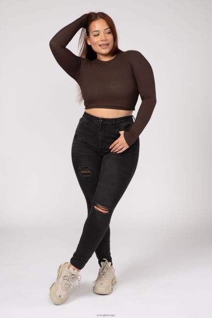 YoungLA kvinner w402 ribbet langermet klær H4N2T1064 lett taupe