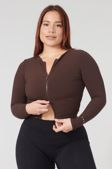 YoungLA kvinner w418 dobbel glidelås langt ermet klær H4N2T1037 brun