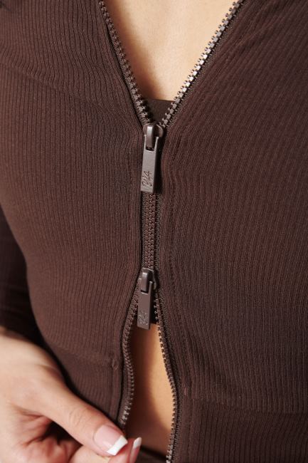 YoungLA kvinner w418 dobbel glidelås langt ermet klær H4N2T1037 brun